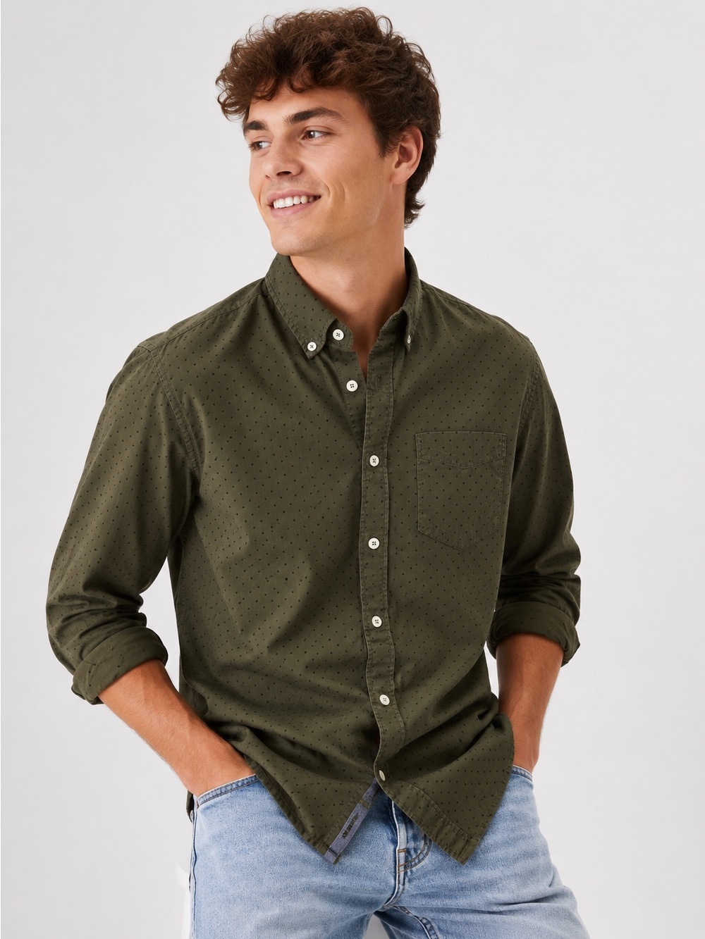 American Eagle Seriously Soft Olive Polka Dot Button-Up Shirt Size S